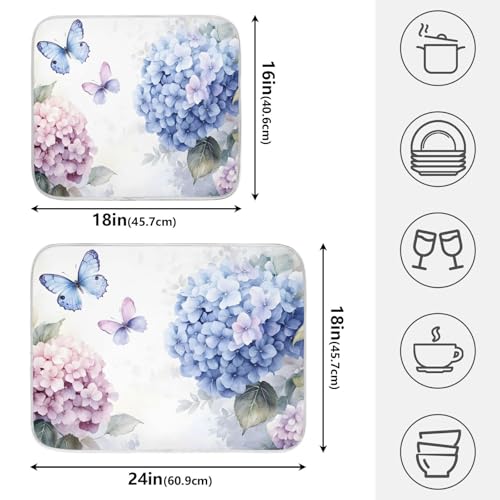 Blue Pink Hydrangea Spring Floral Dish Drying Mat for Kitchen Counter Absorbent Microfiber Small Drying Pad Dish Mats for Kitchen Countertops 16 x 18 Inch (18" x 16")