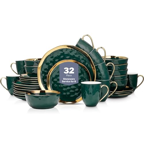 Florian Modern Porcelain Dish Set (32-Pieces Service for 8 / Green with Gold Rim)