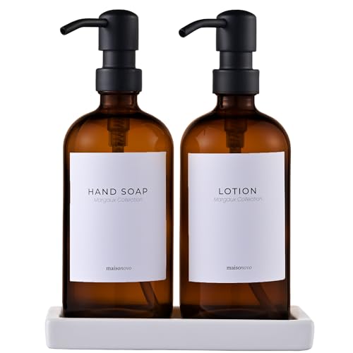 Bathroom Soap Dispenser Set (Amber Bottles Black Pumps)