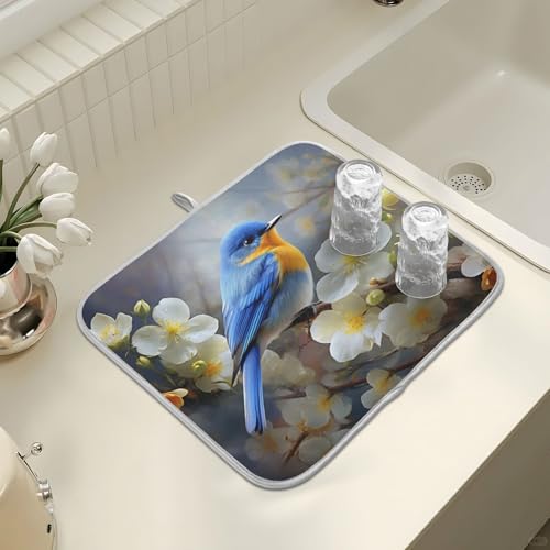Spring Blue Yellow Flower Bluebird Butterflies Dish Drying Mat for Kitchen Ccounter Absorbent Microfiber Small Drying Pad Dish Mats for Kitchen Countertops 16 x 18 Inch (18" x 16")