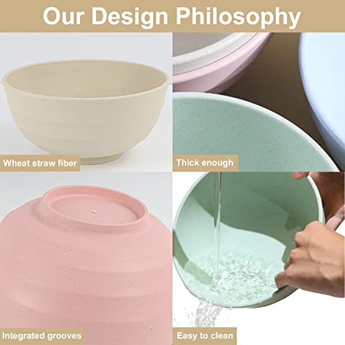 Wheat Straw Bowls Set 60 OZ Unbreakable Large Cereal Bowls Set of 6 Microwave and Dishwasher Safe Bowls Big Bowls for Dorm and Apartment BPA Free Soup Bowl for Serving Oatmeal and Salad Etc… (60 oz / Pink,Blue,Green,Beige,Purple,Grey)