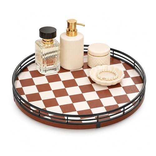 10 Inch Brown Checkerboard Lazy Susan Organizer with Black Metal Rail (Brown & White / 10 inches)