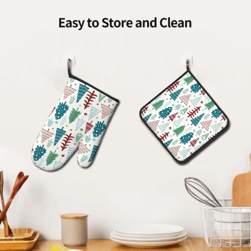 Pine Tree Oven Mitts and Pot Holder Set of 2 Winter Xmas Washable Kitchen Heat Resistant Gloves for Microwave BBQ Cooking Baking Grilling (Xmas Tree)