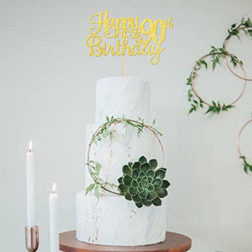 1 PCS Happy 90th Birthday Cake Topper Gold Glitter Cheers to 90 Years Birthday Cake Pick 90 Fabulous Cake Decoration for Happy 90th Birthday Theme Party Decorations Supplies (Gold / 90th)