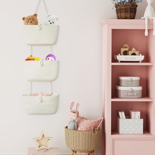 3 Tier Hanging Baskets for Storage with Pearl Button Strap (White / 3 tier+Pearl Button)
