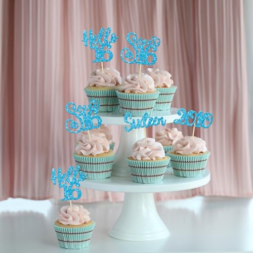 24Pcs Happy 16th Birthday Cupcake Toppers Glitter Hello 16 Sweet 16 Cupcake Picks Sixteen Years Old Birthday Cake Decorations for Celebrating 16th Anniversary Party Supplies Blue (24 Count)