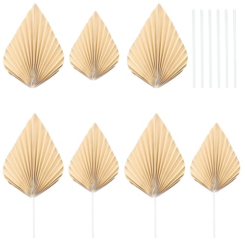 6Pcs Paper Palm Fan Cake Toppers Palm Leaf Fan Cake Topper Palm Spear Leaf Cupcake Toppers Cake Insert Decoration For Cake Decorating Diy Craft Project Home Wedding Party Supplies Beige (6 Count)