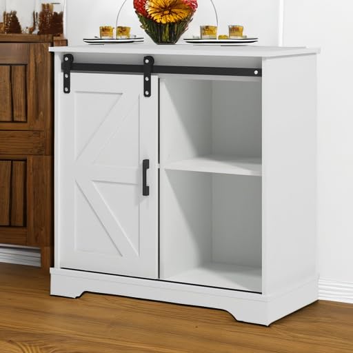 Sliding Barn Door Buffet Sideboard Storage Cabinet Coffee Bar Kitchen Farmhouse Style (White)