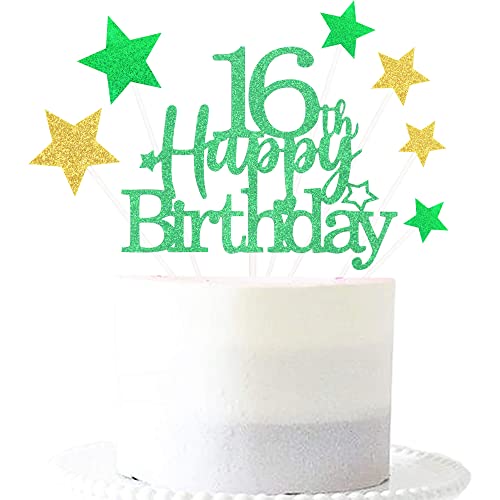 Green Gold 16th Birthday Cake Topper with Glittery Stars (7 Count)