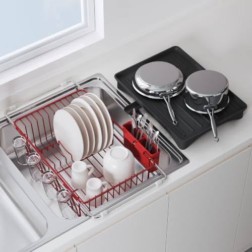 Red Dish Drying Rack in Sink with Drainboard and Utensil Holder (Red / For 12"-30"w Sink, with Drainboard)