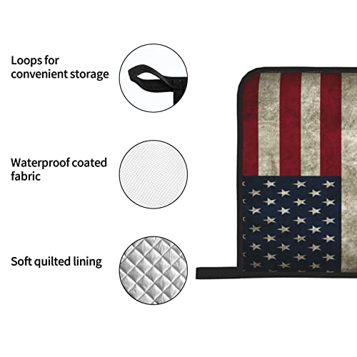 Retro American Flag Oven Mitts and Pot Holders Sets of 4 High Heat Resistant Oven Mitts with Oven Gloves and Hot Pads Polyester Potholders for Kitchen Baking Grilling Non