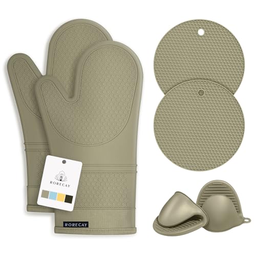 Silicone Oven Mitts and Pot Holders Sets for Kitchen (Sage Green)