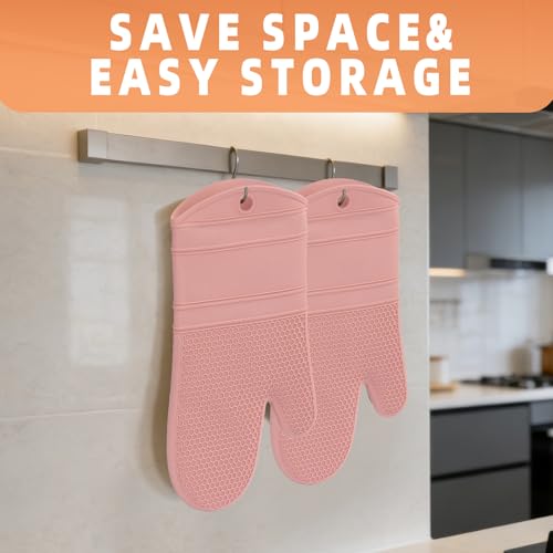 Silicone Oven Mitts Kitchen Potholder Set (2PCS-13"L x 7"W/PINK-HONEYCOMB SURFACE)