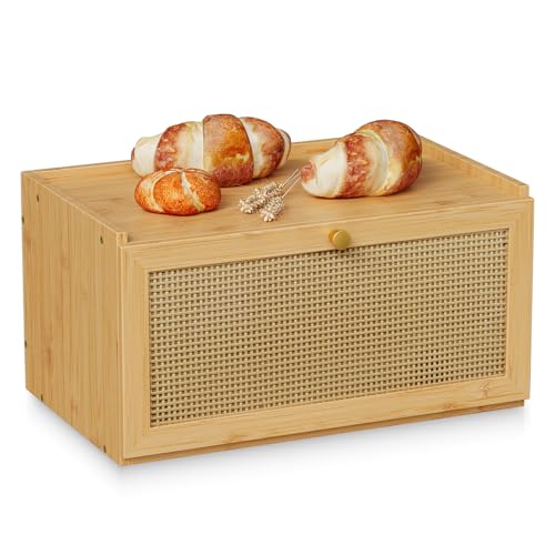 Rattan Bamboo Bread Box for Kitchen Counter Large Capacity Bread Storage Bin Farmhouse Bread Storage Container Rustic Bread Holder