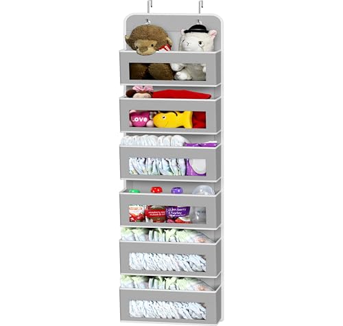 6 Clear Window Pocket Over Door Hanging Organizer (6 Pockets / Gray)