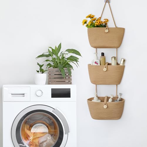 Over the Door Hanging Baskets with Wooden Button (Jute / 3 tier+Wooden Button)