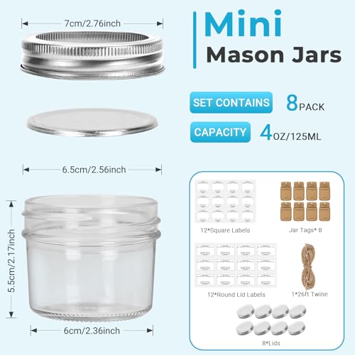 8 Pack 4 oz Small Glass Mason Jars