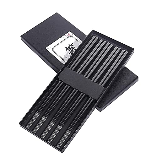 Metal Chopsticks Reusable Titanium Plated Stainless Steel Chopsticks Japanese Korean Chopsticks for Food & Cooking 9.5Inch Non (Black)