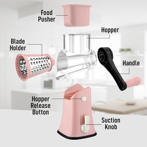 Rotary Cheese Grater Manual Hand Crank 5 Blade Shredder (5 Blades / Peach & Black)