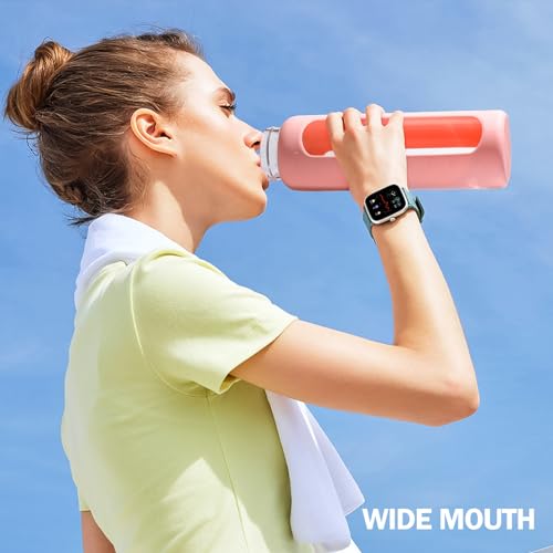 32oz Glass Water Bottle with Straw and 2 Lids (Pink / 32 Ounces)