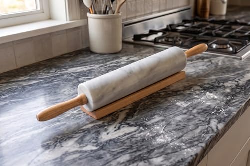 Polished Marble Rolling Pin with Wooden Cradle