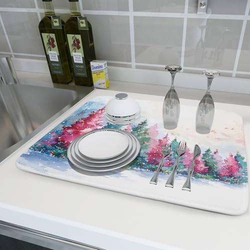 Christmas Dish Drying Mat 18 X 24 in Decorative Drainer Pad for Kitchen (Xmas Tree Painting - Multi / 24" x 18")