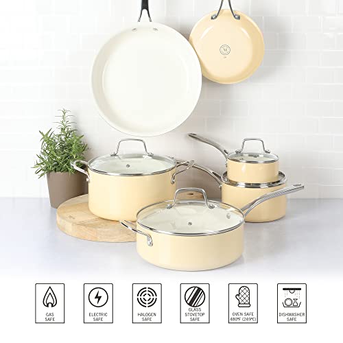 Lockton Premium Nonstick PFA Free Ceramic Interior 10 Piece Enamel Heavy Gauge Aluminum Pots and Pans Cookware Set (Butter Cream / 10-Piece Set)