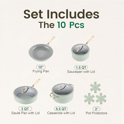 Ceramic Cookware Sets (Sage Green / 10 Pcs Set)