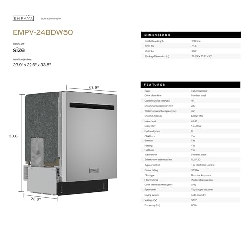 24” Built in Dishwasher with Stainless Steel Tub (Pocket Handle)