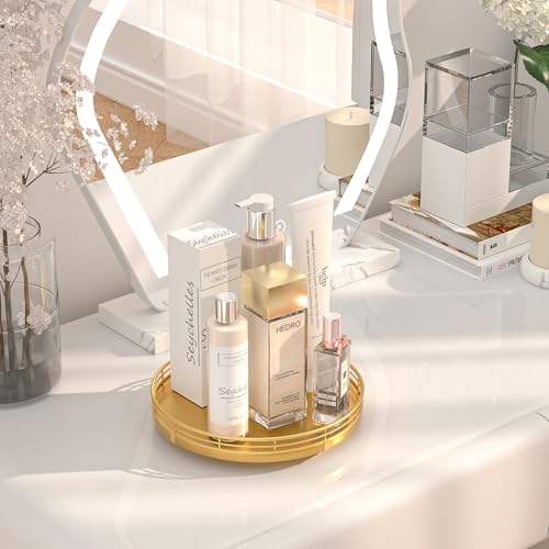 9 Inch Oak Lazy Susan Vanity Tray with Gold Metal Rail (Golden / 9)