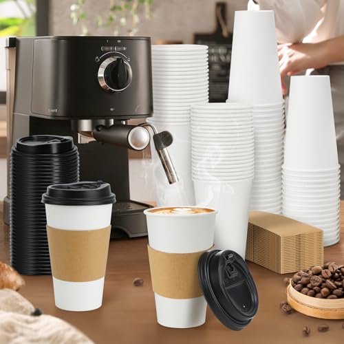 100 Pack 16 oz Disposable Coffee Cups With Lids and Sleeves (White / 16OZ-100Pack)