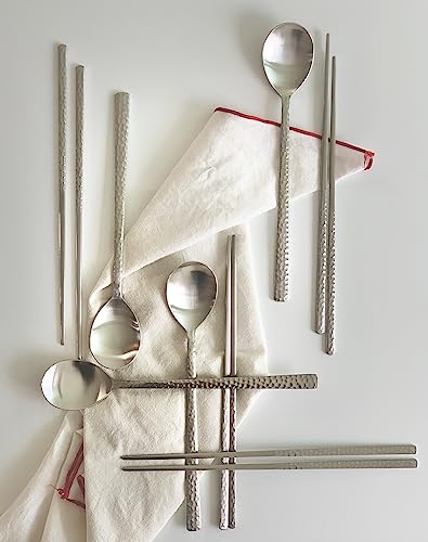 Korean Made Silver Glossy Hammered Stainless Steel Korean Spoon & Chopstick SET Gift for Mom Stocking Stuffer (4SET)