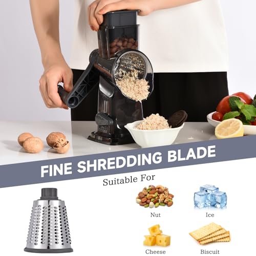 Rotary Cheese Grater with Handle Kitchen Shredder Slicer Grater Slicer Ice Shaver Cheese Vegetable Nuts Potato Zucchini Chocolate 3 Interchangeable Blades (9.06"L x 4.33"W x 9.07"H / Dark Gray)