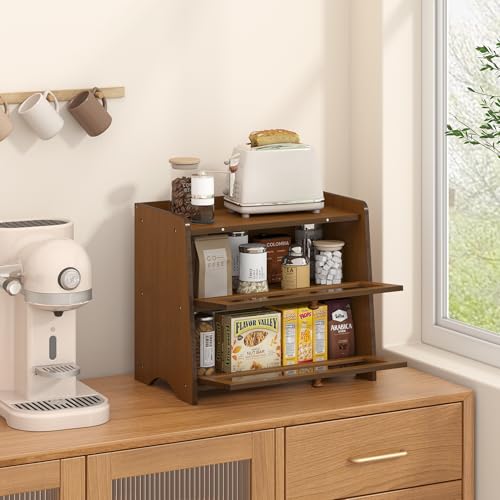 Double Layer Bread Box Container for Kitchen Countertop Homemade Bread (Brown / 2 Tier-Medim)