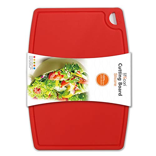 Thick Silicone Cutting Board 12.6'' x 9.1'' Juice Grooves Easy Grip Handle Dishwasher Safe (12.6"L x 9.1"W / Red)
