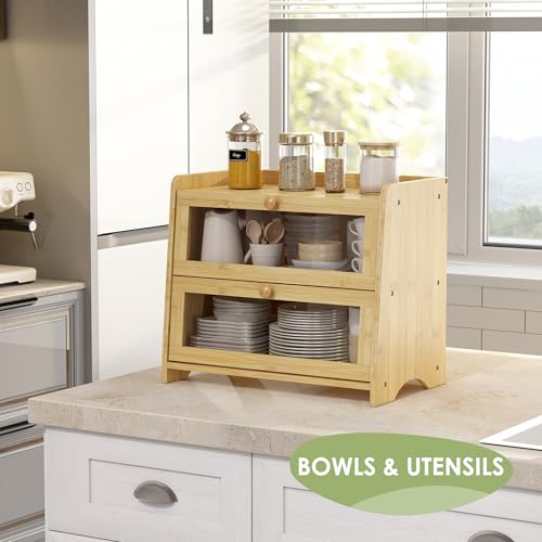 Double Layer Bread Box Container for Kitchen Countertop Homemade Bread (Natural Bamboo / 2 Tier-Medim)