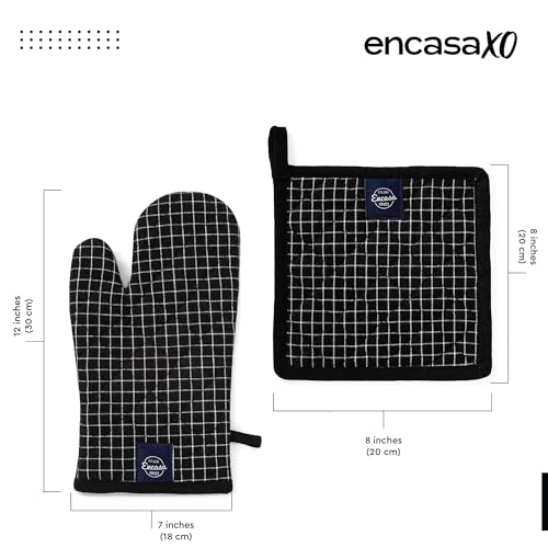 Oven Mitts and Pot Holders Set (Oven Glove + Pot Holder / Butcher Checks Black)