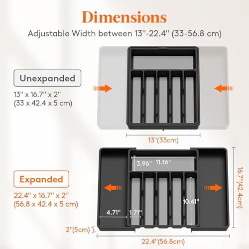 Extra Large Silverware Drawer Organizer (Black&Gray / XL Deep (13-22''W x 16.7''D))