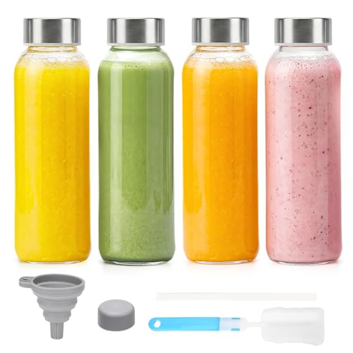 16 oz Clear Glass Water Bottles with Stainless Steel Lid (Clear Glass Bottle 4 Pack / 16 Ounces)