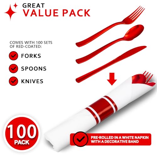 400PCS Pre Rolled Red Plastic Silverware Sets Heavy Duty for Wedding (Red - Classic)