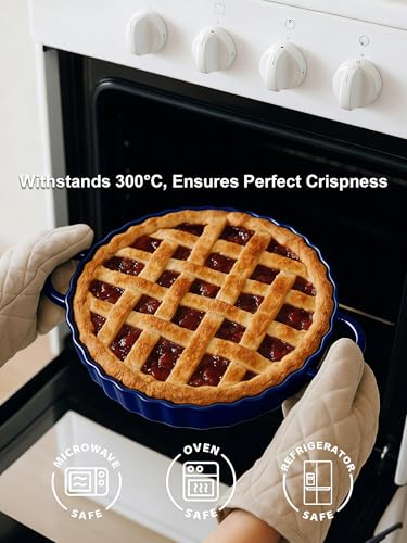 10×2in Deep Ceramic Pie Pan with Handles for Pie Quiche Tart Baking. Easy to grip (Blue / 10IN*2IN)