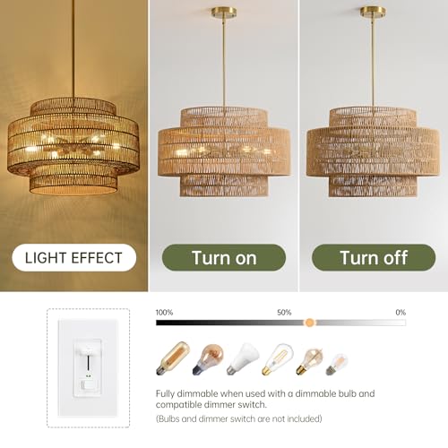 24" Rattan Chandelier for Dining Room (Brown / 24" 6-Light)