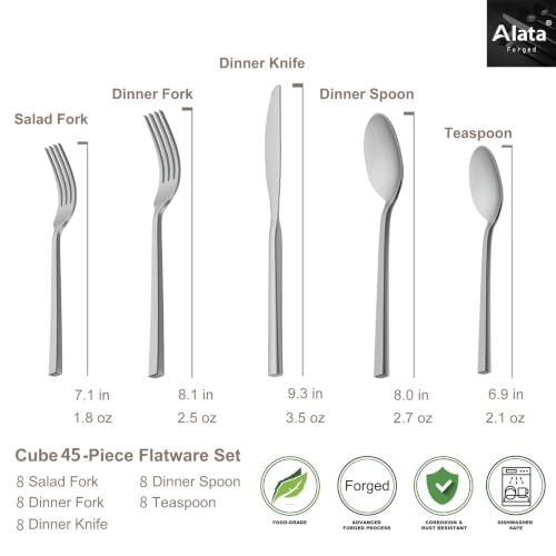 Cube 45 Piece Forged Stainless Steel Flatware Set Cutlery Set (Silver / 45 pieces for 8)
