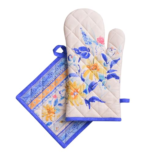 100% Cotton Oven Mitt & Pot Holder Set (007 - Girassol / 7.5" x 13" & 8" x 8" (Oven Mitt & Pot Holder))