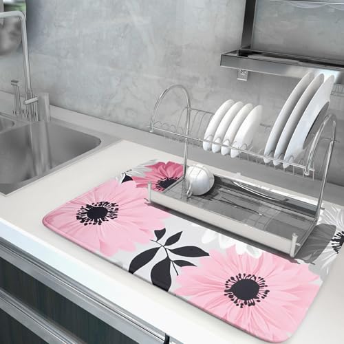 Blossom Florals Dish Drying Mat Abstract Daisy Flower Drainer Pad Absorbent Dish Rack Mats for Coffee Bar 18 X 24 Inch (Watercolor Daisy 1021 / 24" x 18")