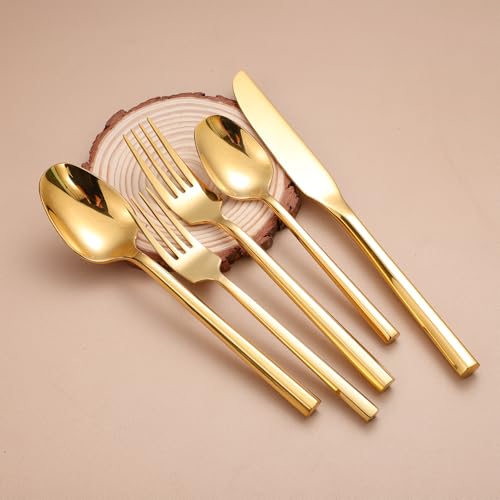 Mirror Silverware Set Gold Flatware Set with Hexagon Handle 20 Pieces 18 (Gold Mirror)