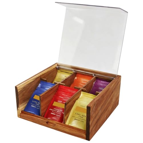 Acacia Wood Tea Bag Organizer Storage Box with 6 Compartments (Compact-Acacia Wood)