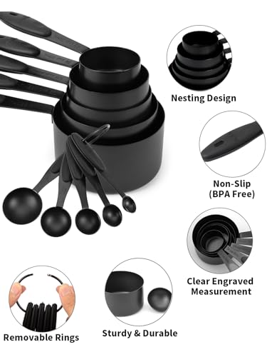 Measuring Cups and Spoons Set 304 Stainless Steel 10 (i)Black-Black)