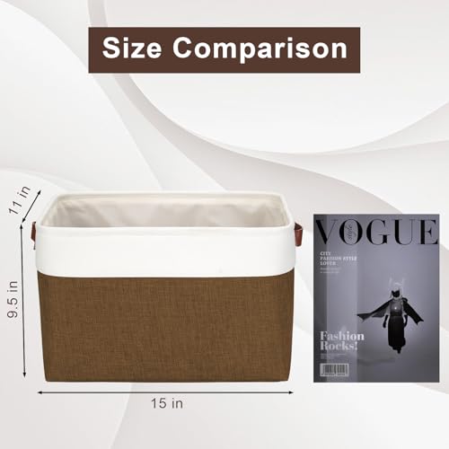 Storage Bins Large Fabric Storage Baskets for Shelves 3 Pack (Brown / Off-White / Large -15"x11"x9.5")