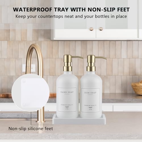 Thick Glass Soap Dispenser (White Bottle/Gold Pump + Tray + Funnel)